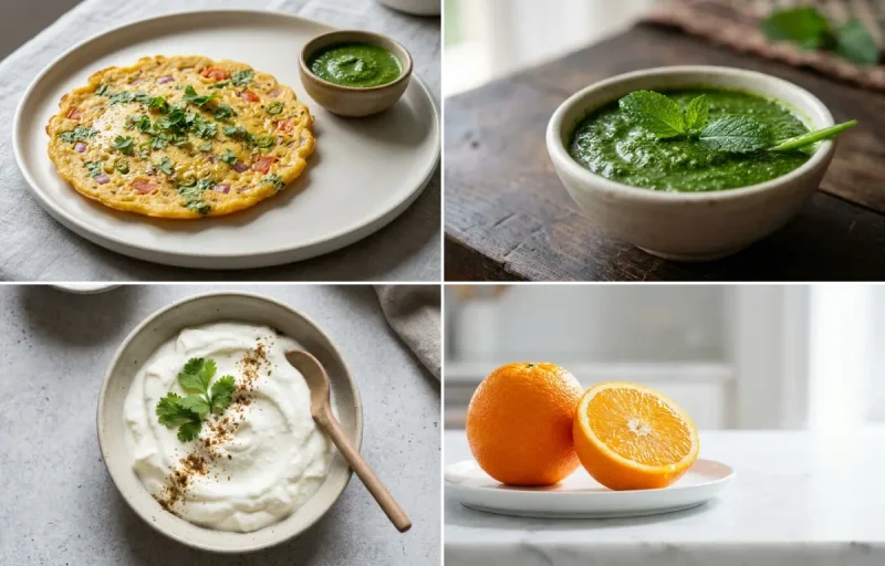 Besan Chilla with Mint Chutney with Plain Dahi with Orange