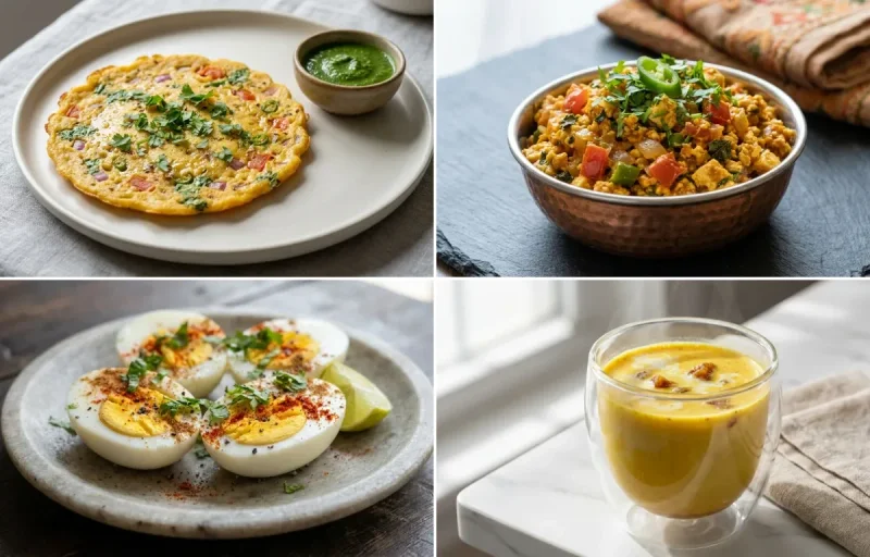Besan Chilla with Paneer Bhurji with Boiled Eggs with Milk