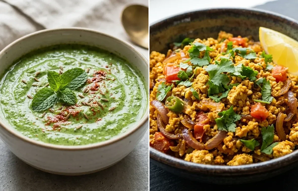Besan Chilla With Paneer Filling with Mint Yogurt Chutney, Tofu Bhurji and Cucumber Chaat