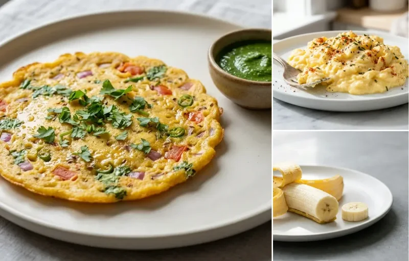 Besan Chilla with Scrambled Eggs with Chaas with Banana