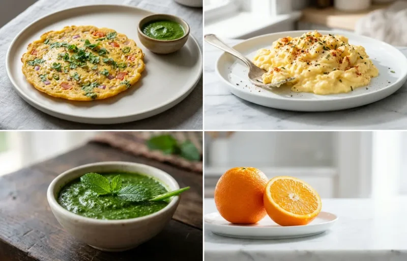 Besan Chilla with Scrambled Eggs with Mint Chutney with Orange