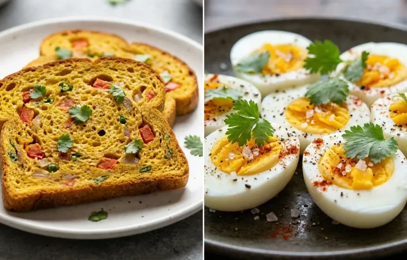 Besan-Egg Toast with Boiled Egg with Papaya Boat (150% portion) (150% portion) (150% portion) (150% portion)