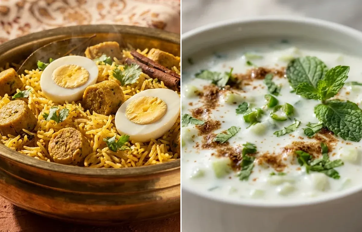 Besan Gatta Pulao with Egg with Cucumber Raita