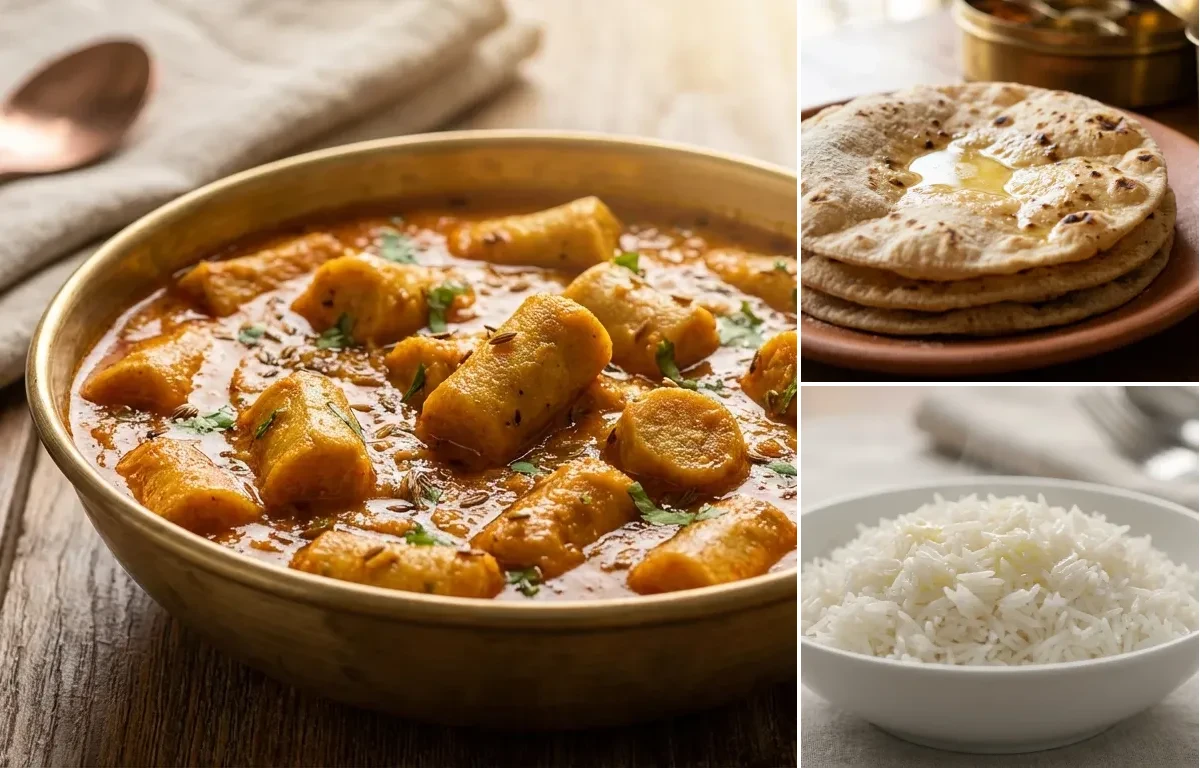Besan Gatte ki Sabzi with Roti and Steamed Basmati Rice