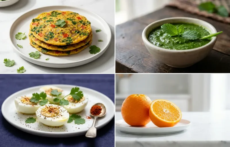 Besan Methi Chilla with Mint Chutney with Boiled Egg Whites with Orange with Green Tea