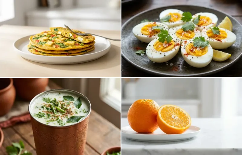 Besan Paneer Chilla with Boiled Egg with Chaas with Orange