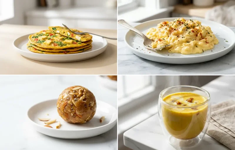 Besan Paneer Chilla with Scrambled Eggs with Gond Ladoo with Milk