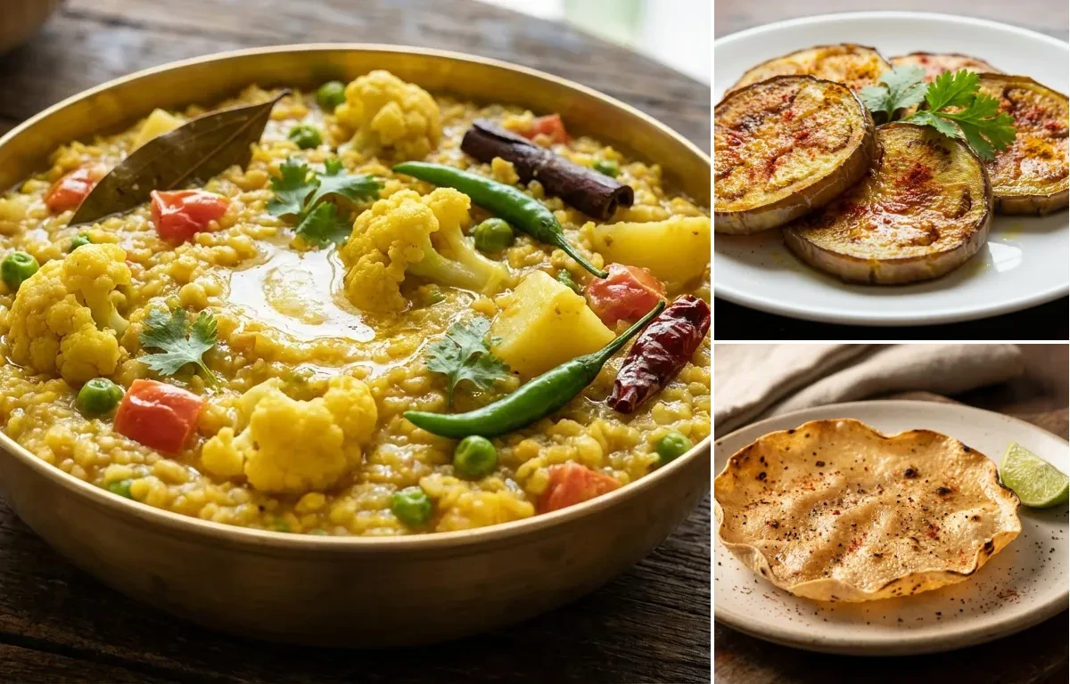 Bhaja Moong Dal Khichuri with Begun Bhaja
