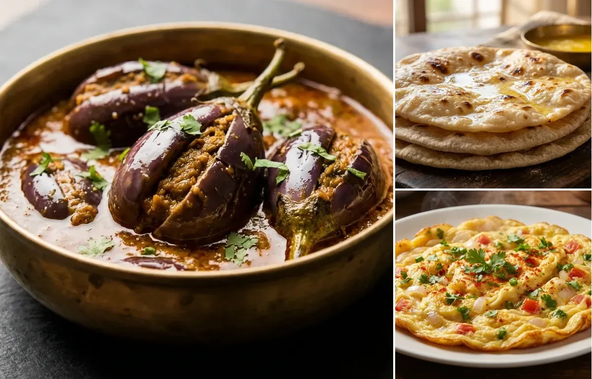 Bharli Vangi with Chapati and Masala Omelette