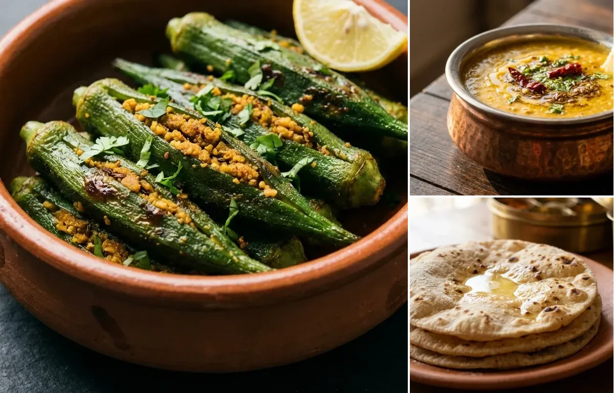 Bharwan Bhindi with Dal Fry and Roti