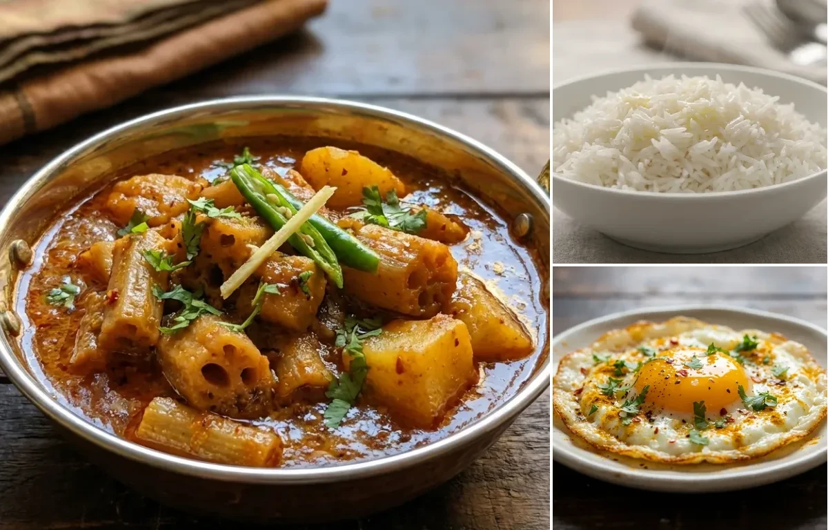 Bhee Aloo Curry with Steamed Basmati Rice and Fried Egg