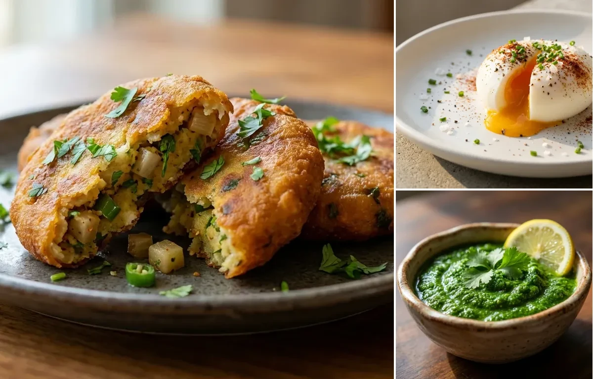 Bhein Tikki with Poached Egg and Coriander Chutney