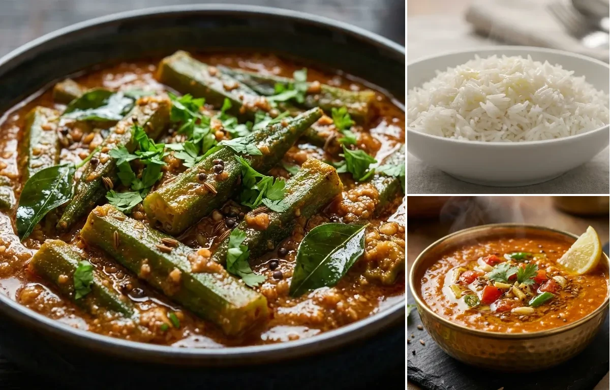 Bhendi ka Salan with Steamed Basmati Rice and Masoor Dal Tadka