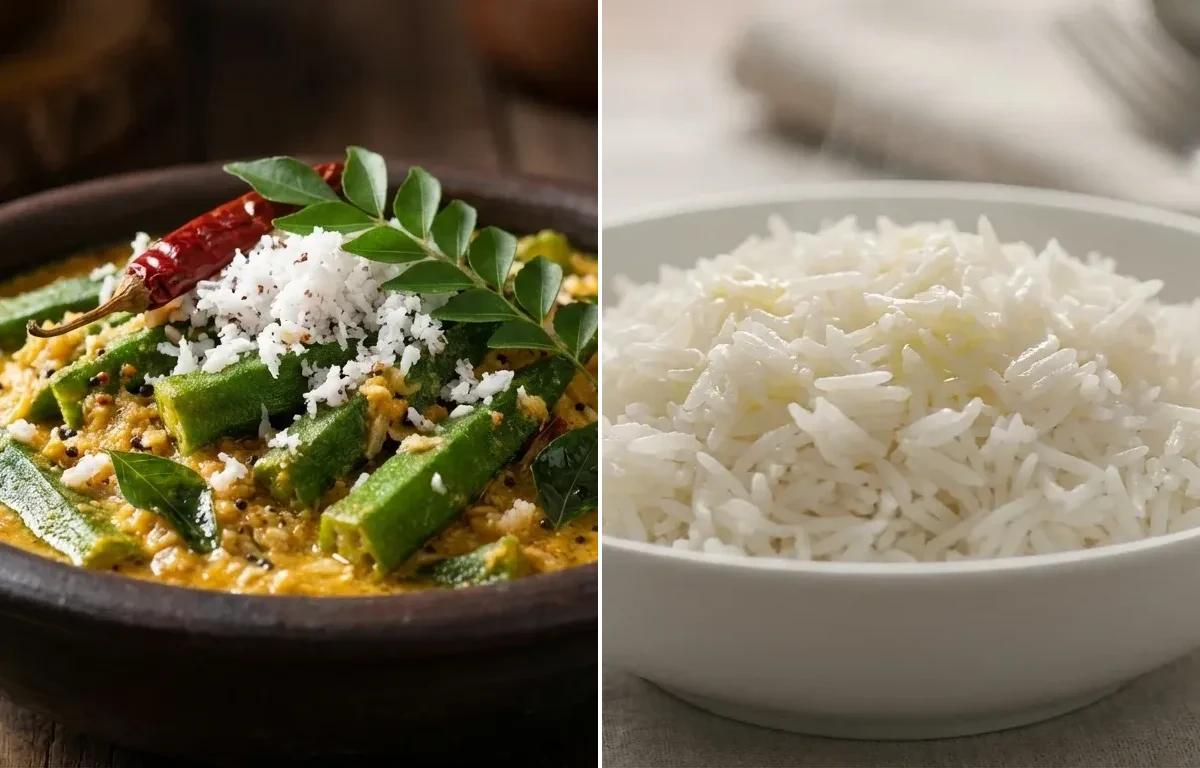 Bhendi Kairas with Steamed Basmati Rice