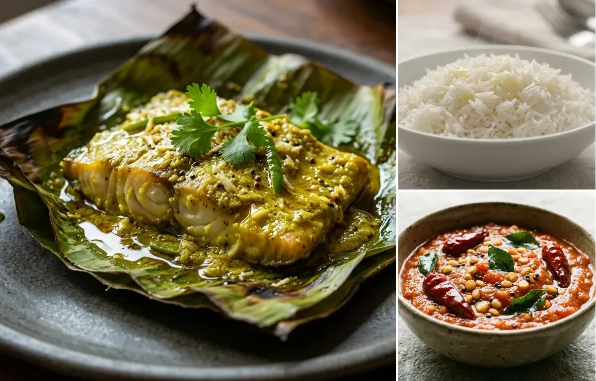 Bhetki Maacher Paturi with Steamed Basmati Rice and Tomato Chutney