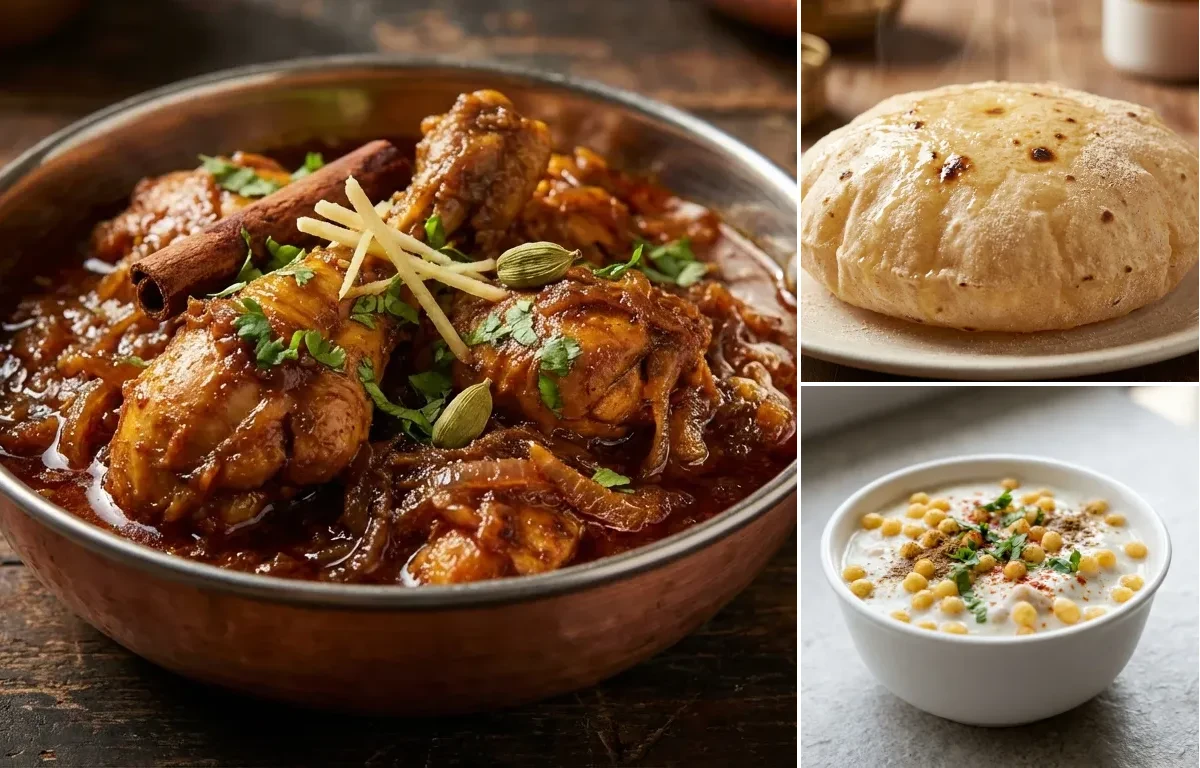 Bhuna Kukda with Phulka and Boondi Raita