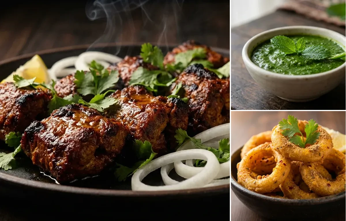 Bihari Boti Kebab with Mint Chutney and Indian Onion Rings