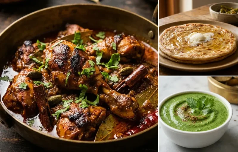 Bihari Chicken Roast with Paratha and Dahi Chutney