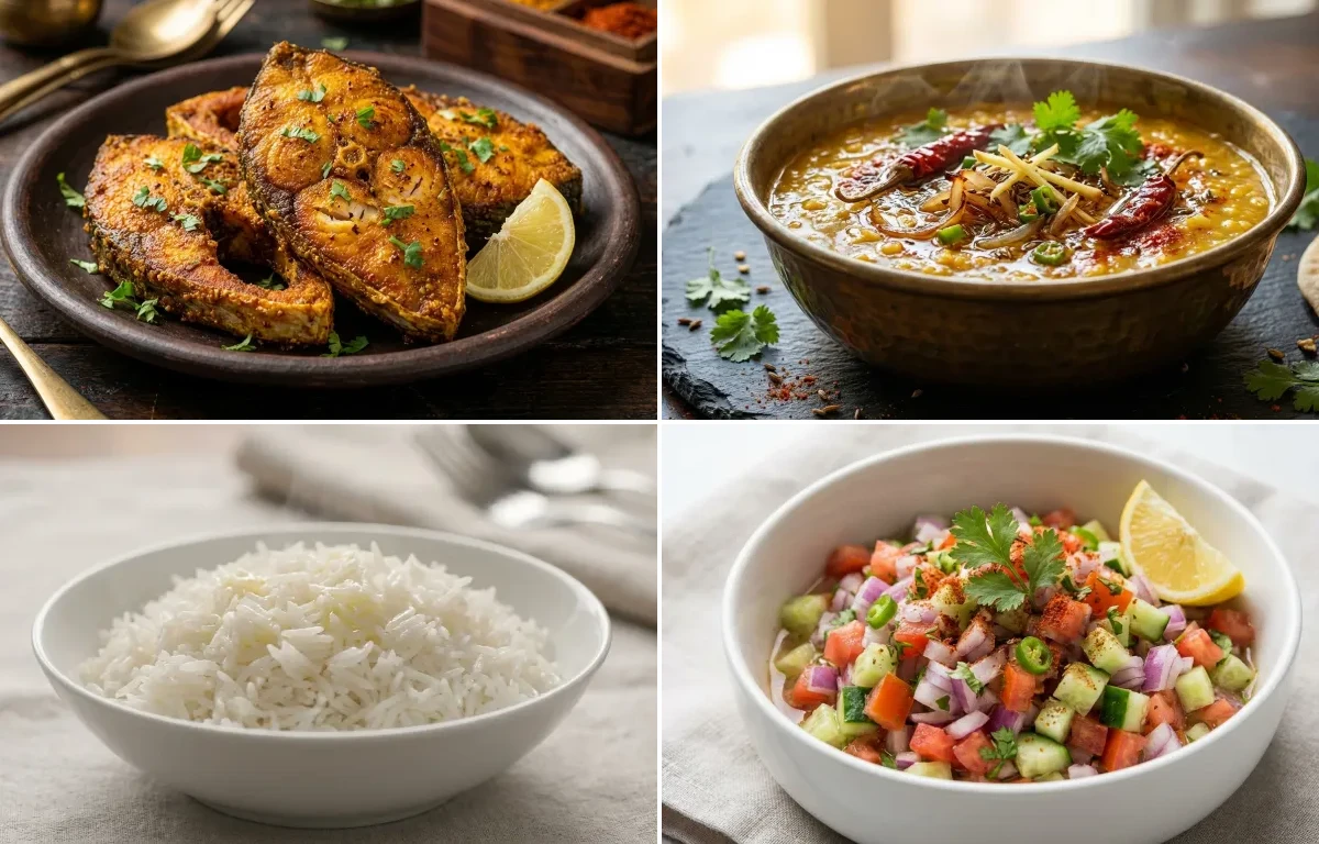 Bihari Fish Fry with Dal Tadka and Steamed Basmati Rice