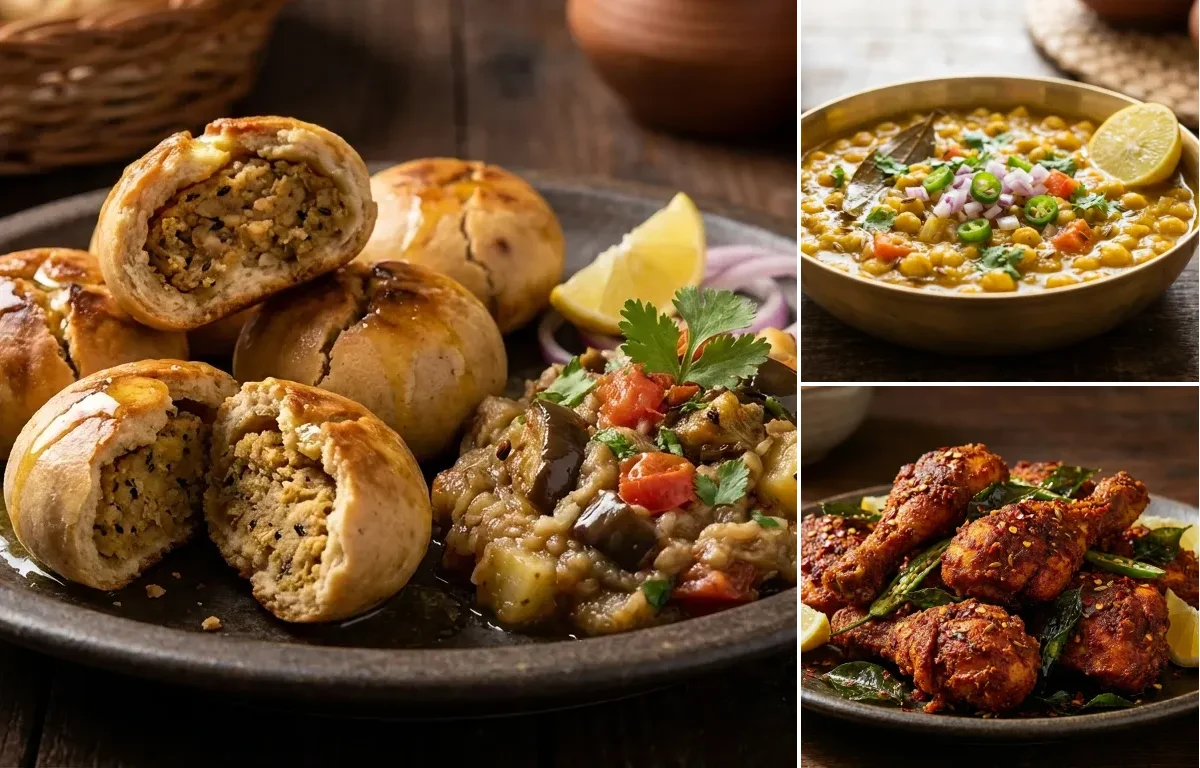Bihari Litti with Ghughni and Chicken Fry