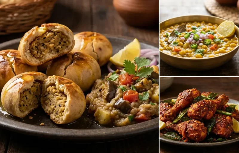 Bihari Litti with Ghughni and Chicken Fry