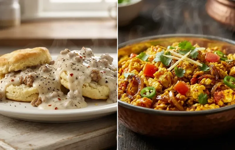 Biscuits and Sausage Gravy with Anda Bhurji