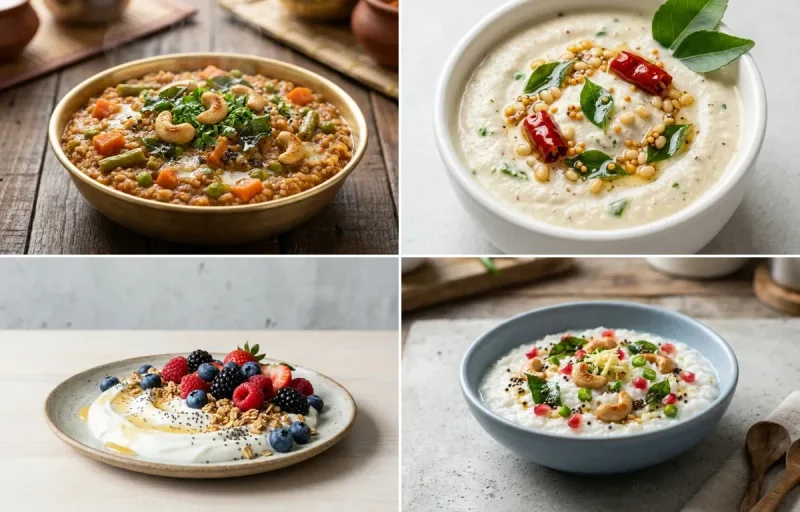 Bisi Bele Bath with Coconut Chutney, Yogurt Berry Bowl and Curd Rice Snack Bowl