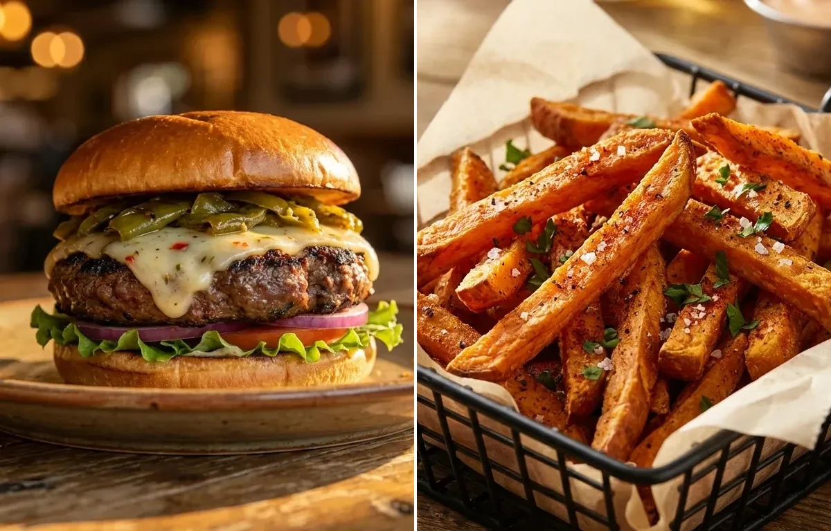 Bison Burger with Green Chile with Sweet Potato Fries