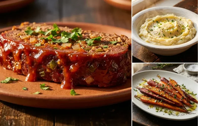 Bison Meatloaf with Green Chile with Mashed Potatoes and Roasted Carrots with Thyme