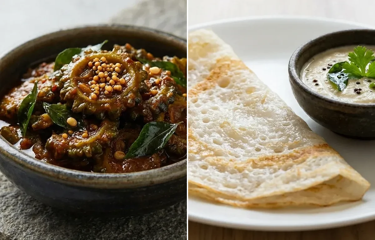 Bitter Gourd Menaskai with Neer Dosa