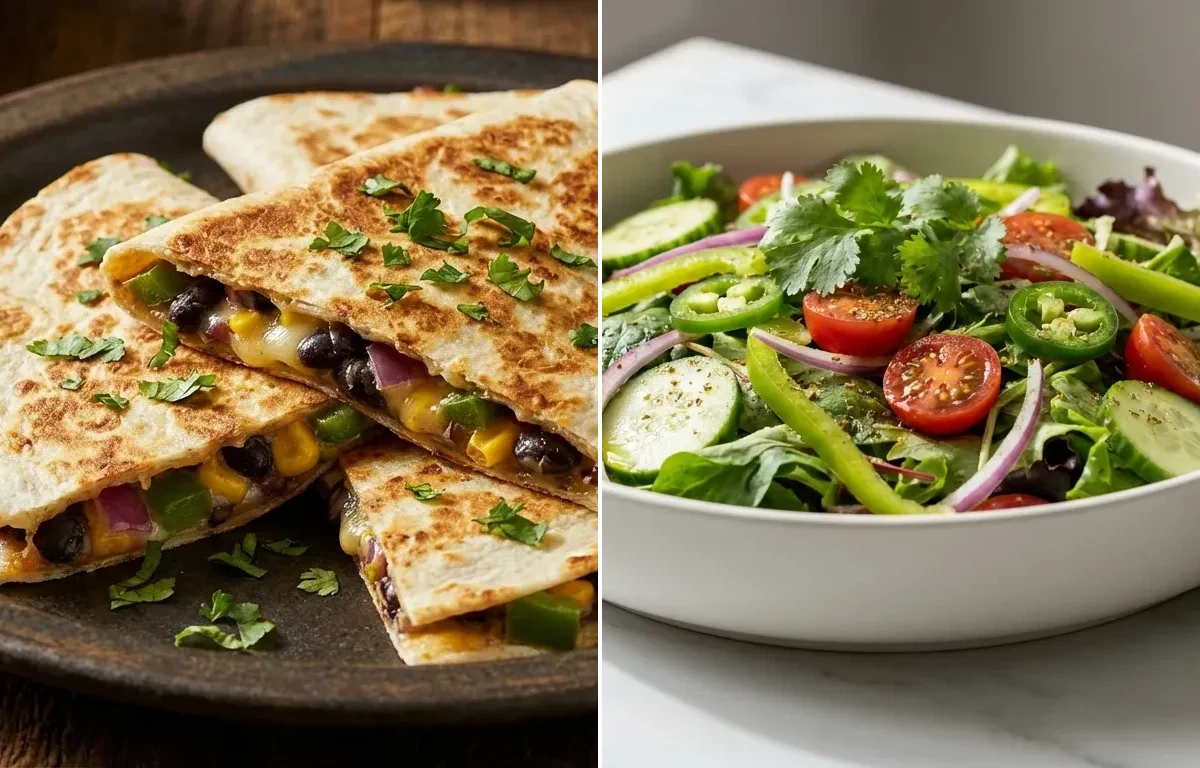 Black Bean and Corn Quesadillas, Avocado Crema and Simple Green Side Salad