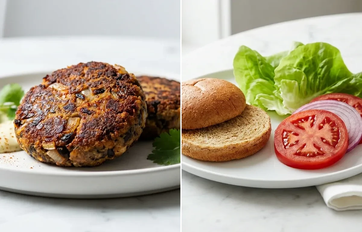 Black Bean Burger Patties, Whole Wheat Buns and Toppings and Creamy Avocado Topping