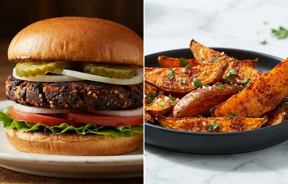 Black Bean Burger with Oven-Baked Sweet Potato Wedges