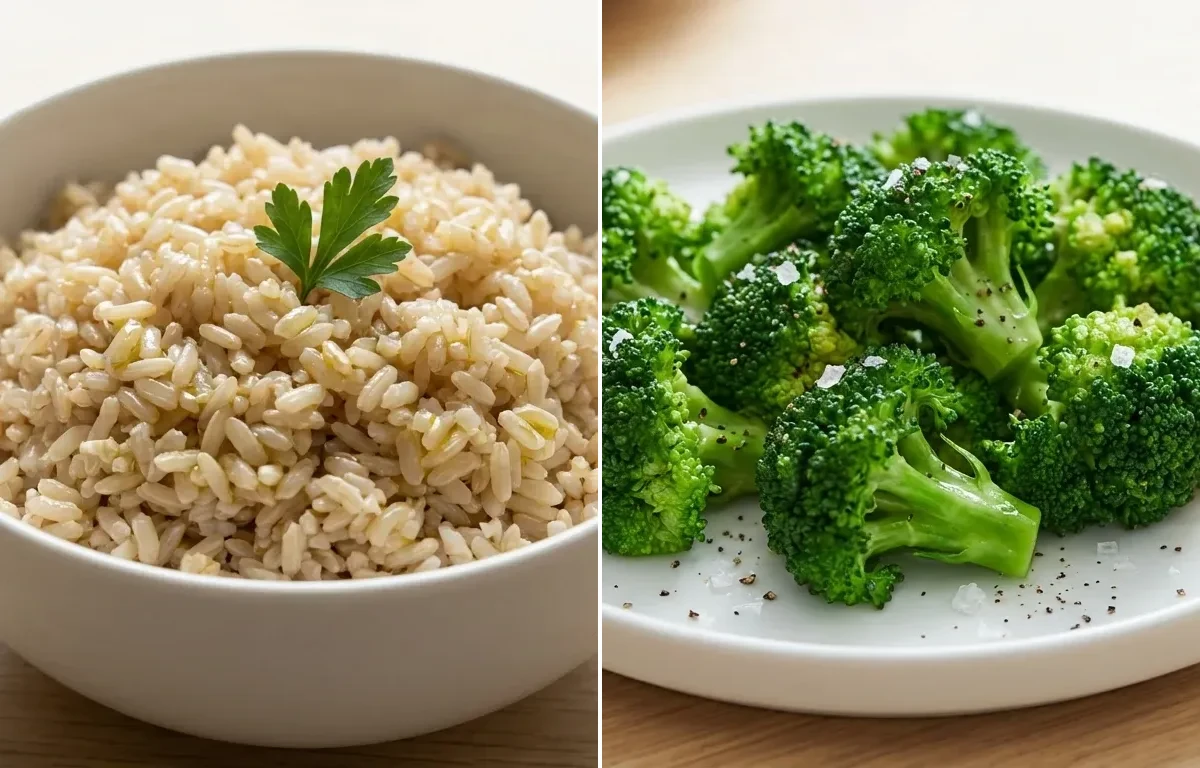 Vegetarian Black Bean Stir-fry with Steamed Brown Rice and Steamed Broccoli