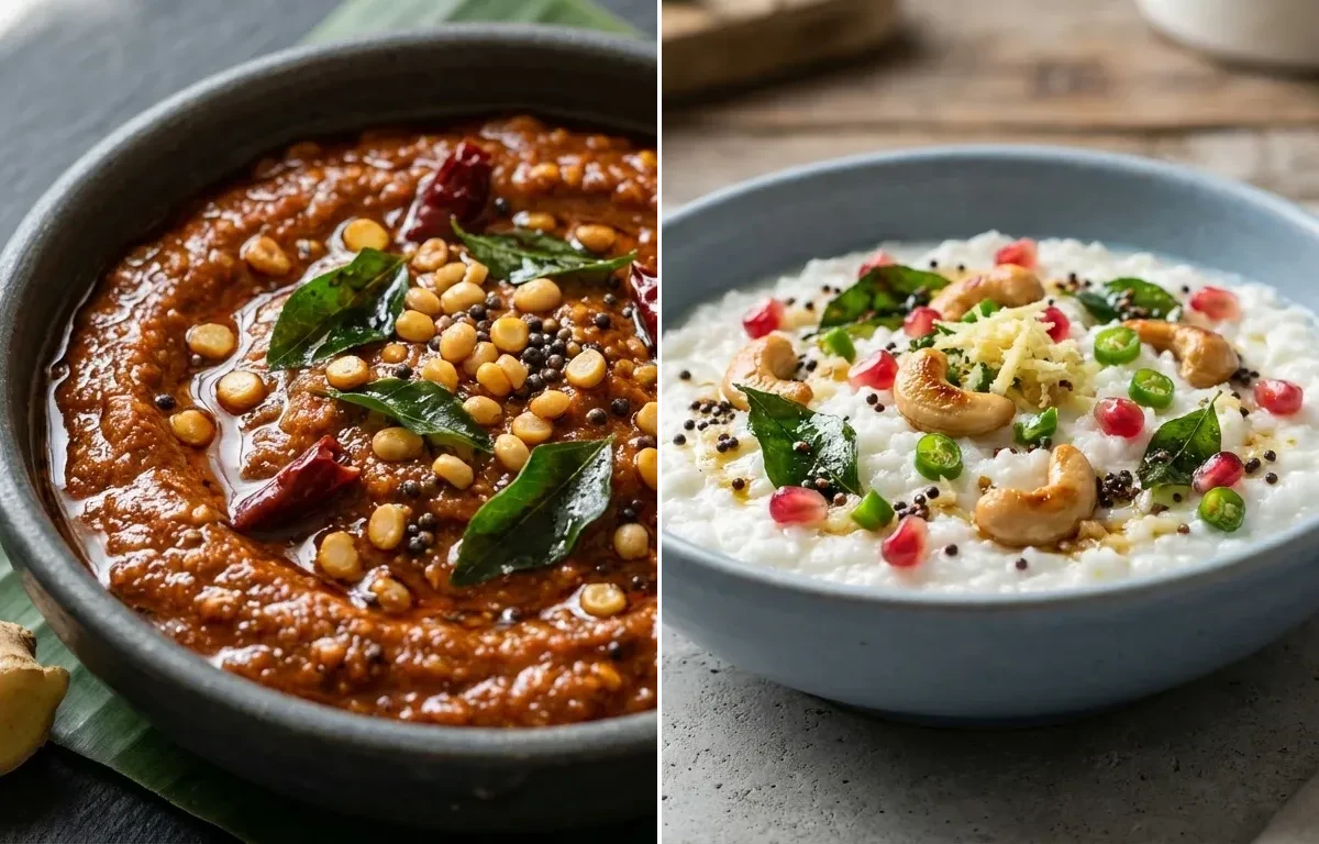Black-Eyed Pea Curry with Ginger Chutney and Curd Rice Snack Bowl