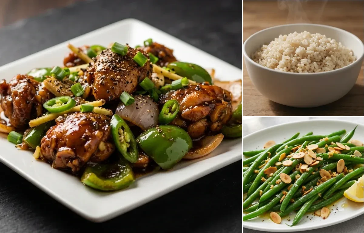 Black Pepper Chicken with Brown Rice and Garlic Green Beans