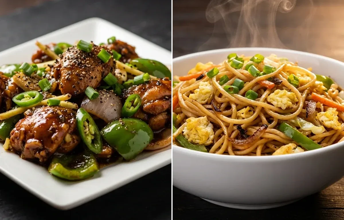 Black Pepper Chicken with Egg Hakka Noodles