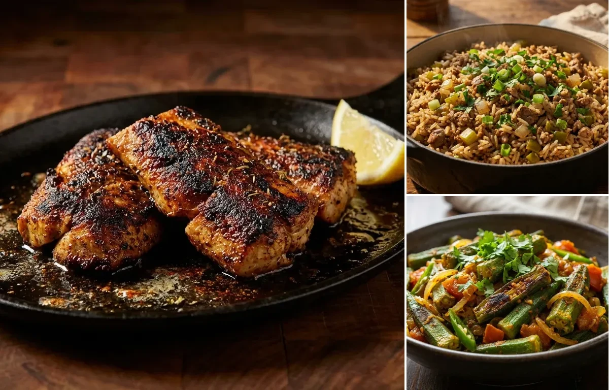 Blackened Alligator with Dirty Rice and Bhindi Fry