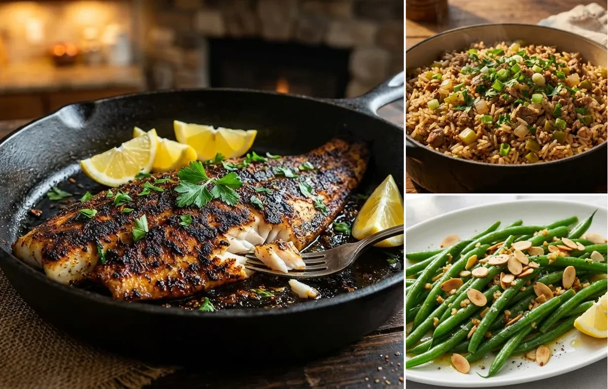 Blackened Catfish with Dirty Rice and Garlic Green Beans