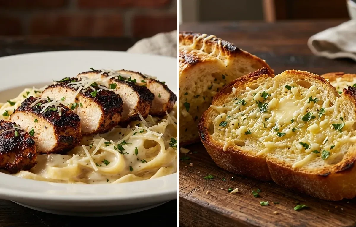 Blackened Chicken Alfredo with Garlic Bread