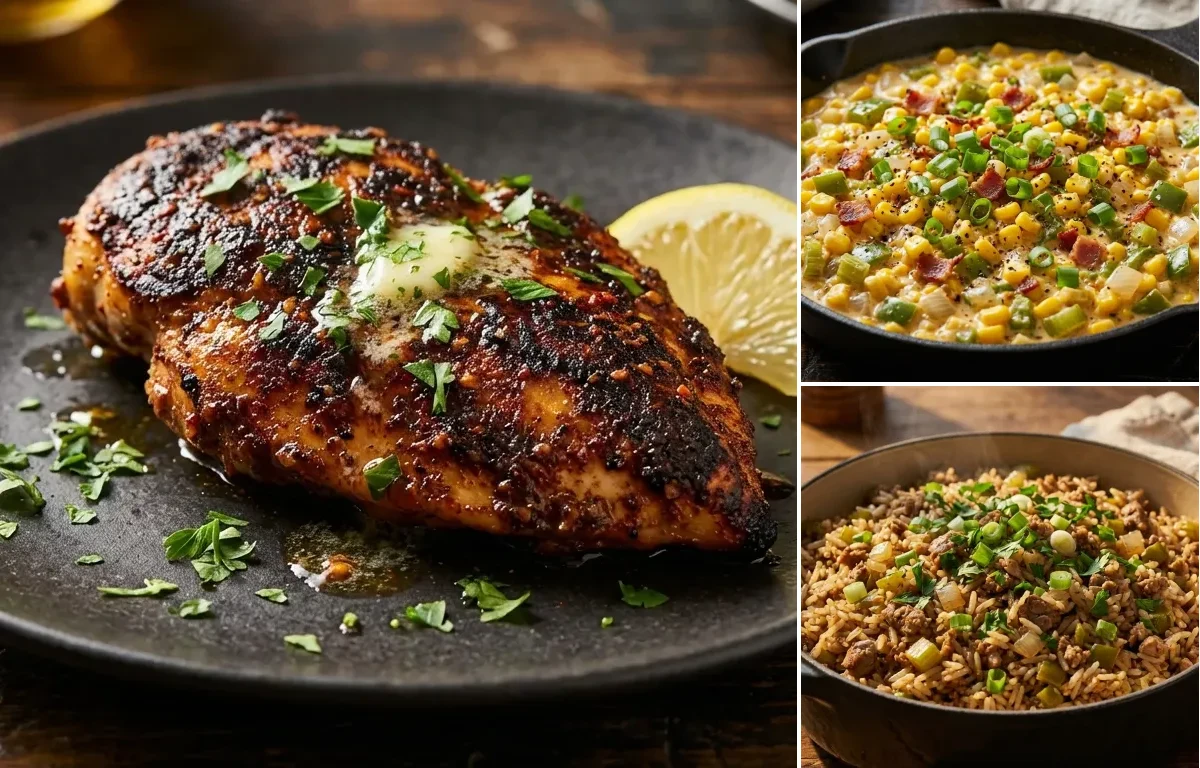 Blackened Chicken with Cajun Maque Choux and Dirty Rice
