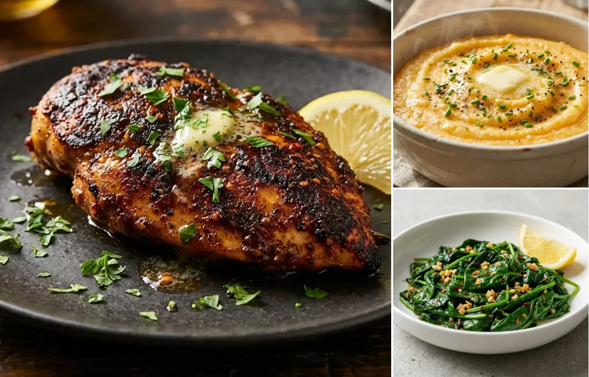 Blackened Chicken with Cheese Grits and Sauteed Spinach with Garlic