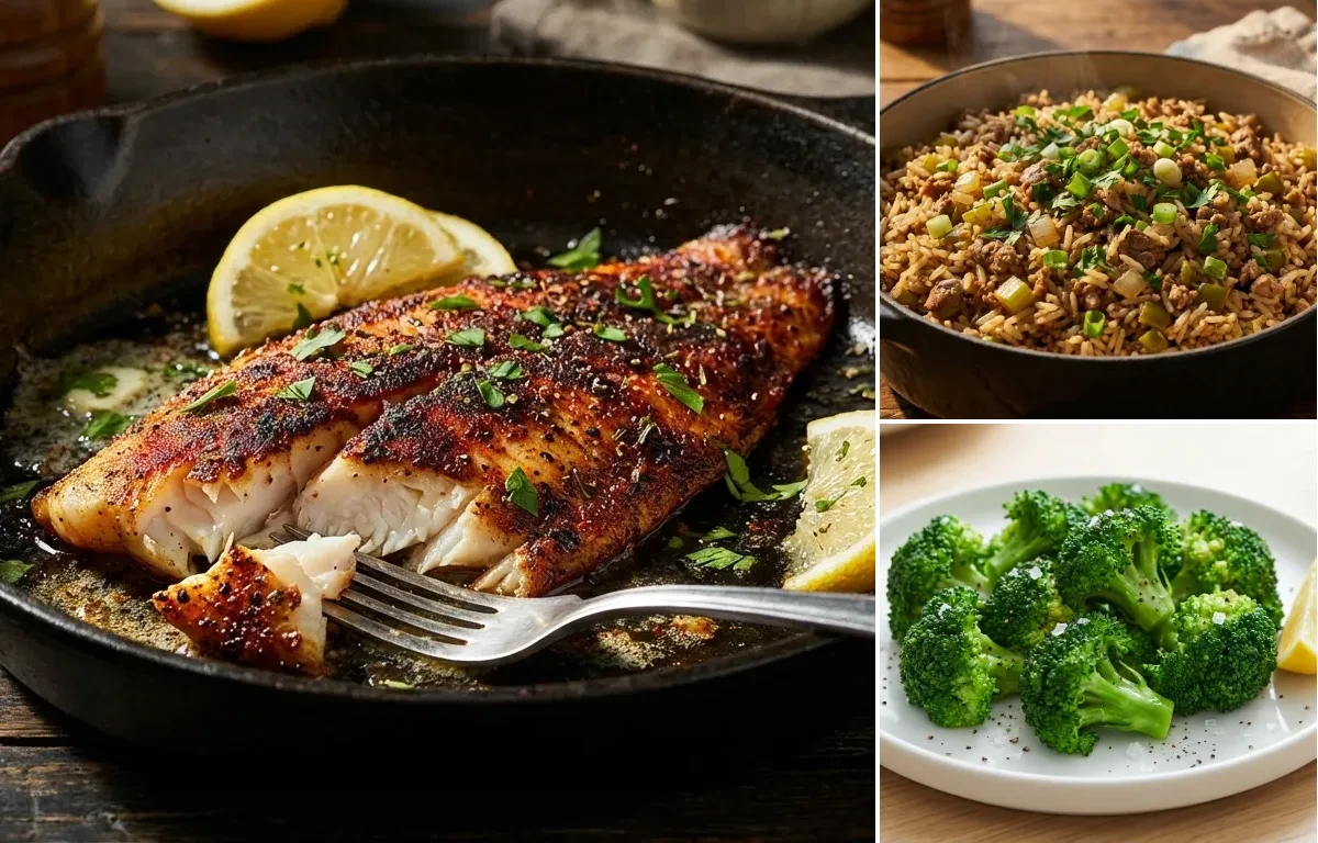 Blackened Fish with Dirty Rice and Steamed Broccoli