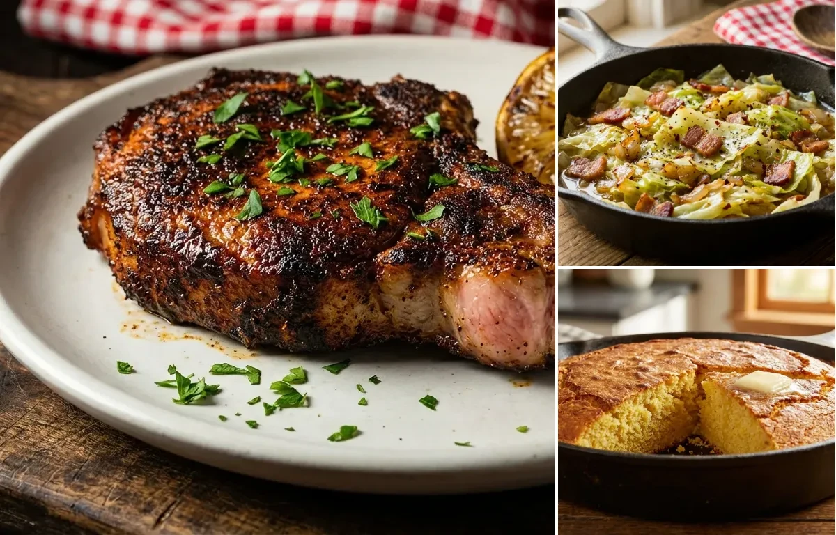 Blackened Pork Chops with Smothered Cabbage and Cornbread
