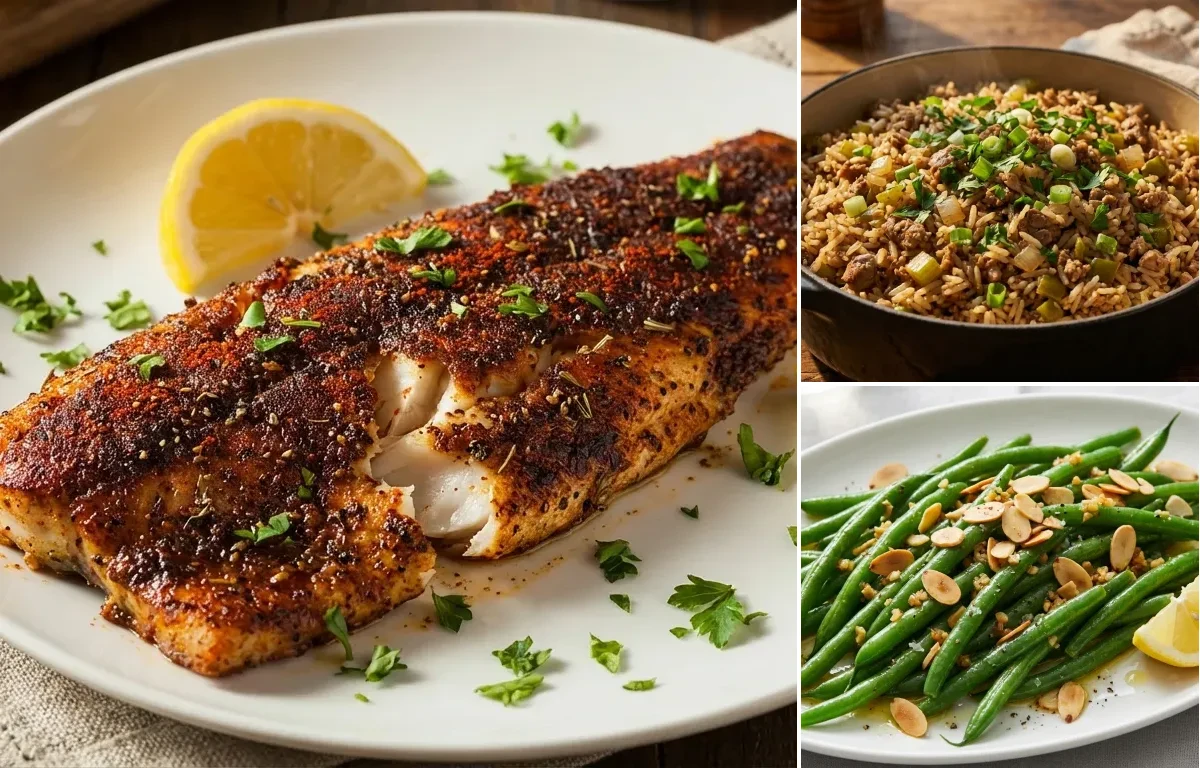 Blackened Redfish with Dirty Rice and Garlic Green Beans