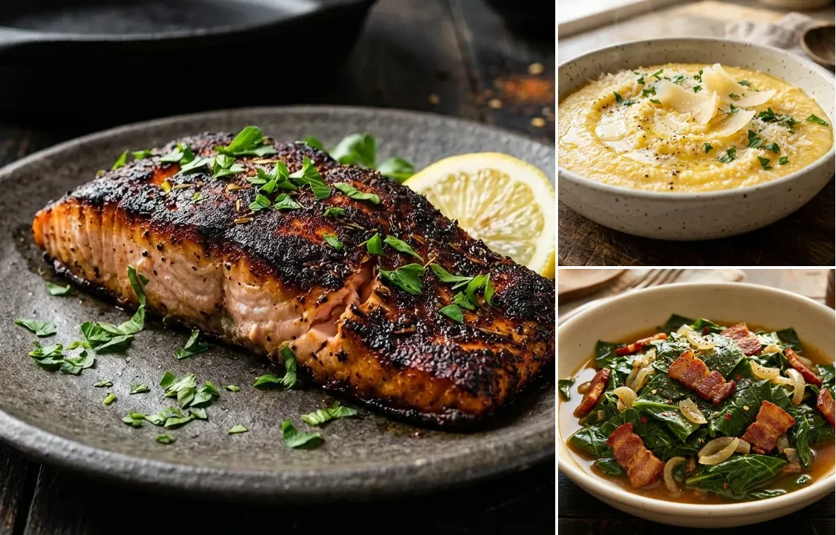 Blackened Salmon with Parmesan Polenta and Collard Greens