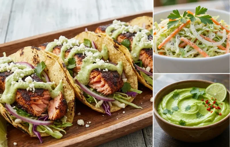 Blackened Salmon Tacos with Cabbage Slaw and Avocado Crema