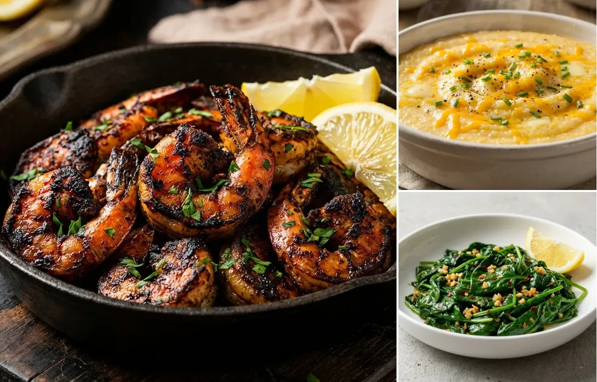 Blackened Shrimp with Southern Grits and Sauteed Spinach with Garlic