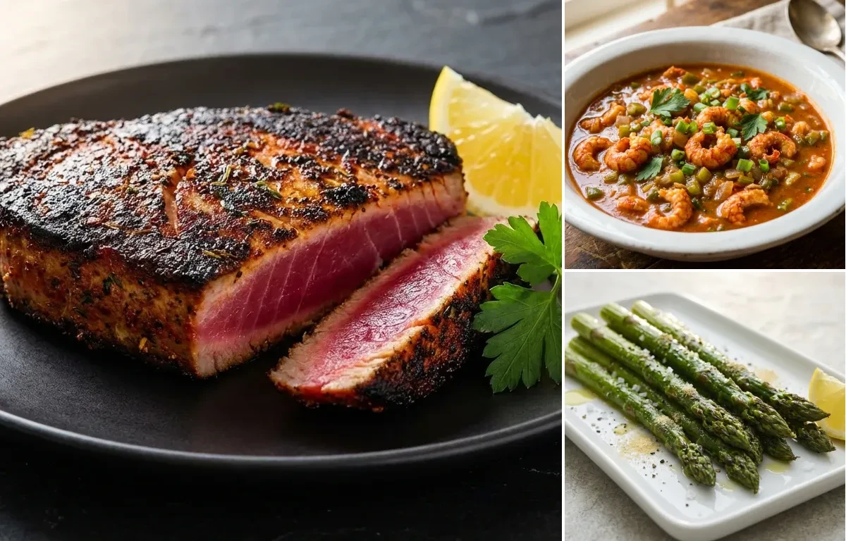 Blackened Tuna Steak with Crawfish Sauce and Roasted Asparagus