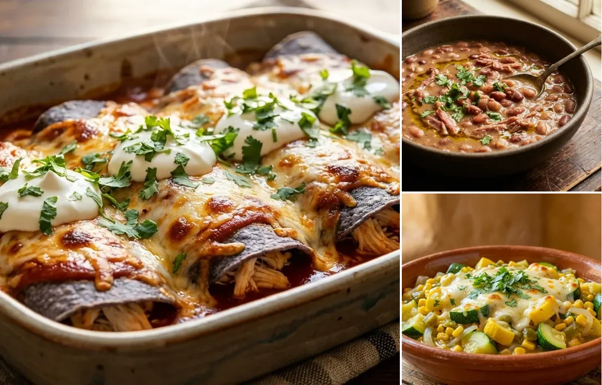 Blue Corn Chicken Enchiladas with Pinto Beans and Calabacitas